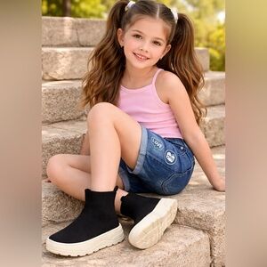 Zara Black Knit Platform Sock Boots with Cream Soles